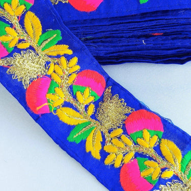 Royal Blue Art Silk Fabric Trim With Red, Pink, Green